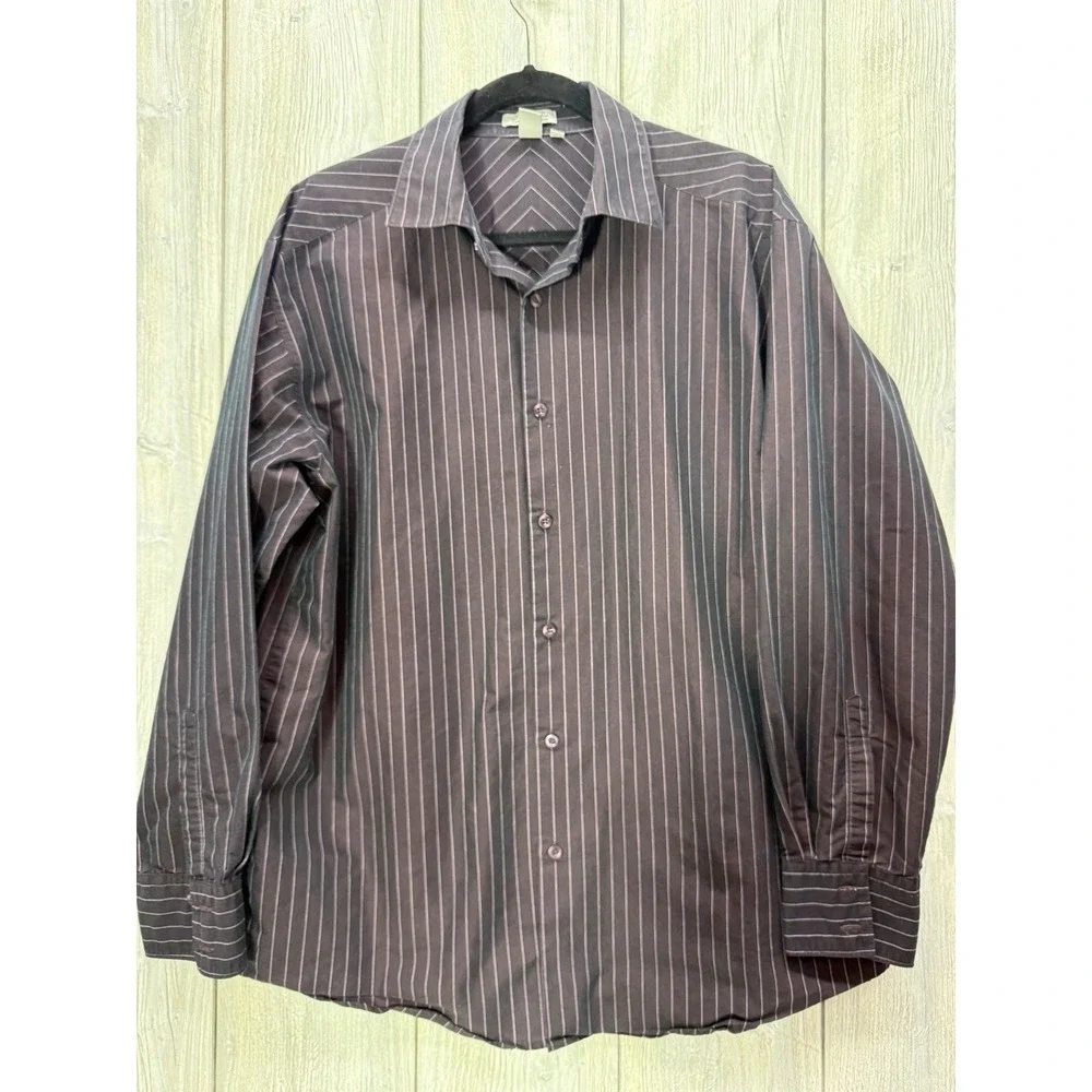 Elliott Mens Long Sleeve Button Down Shirt Purple Striped Cotton Blend Large